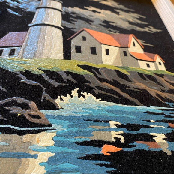 Vtg Paint by Number Painting Black Velvet Light House Scene Framed - Picture 3 of 3